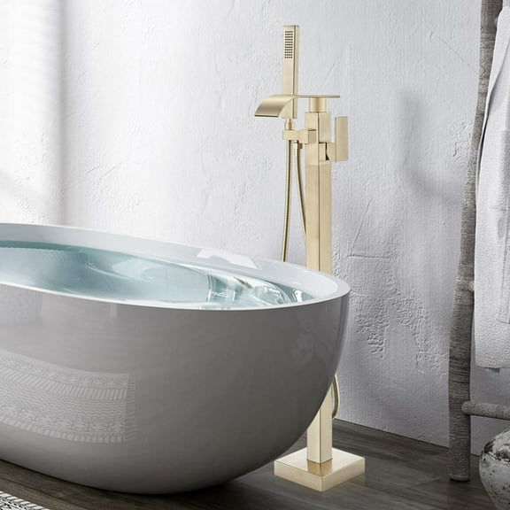 Freestanding Bathtub Faucets Floor Mounted Tub Filler Faucet with Handshower Brushed Gold