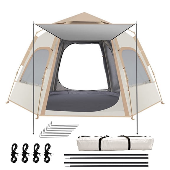 BN-LINK 5-8 Person Camping Tent, Waterproof Windproof Pop Up Tent with 2 Doors, 4 Large Mesh Windows, Automatic Setup Instant Tents for Camping, Hiking & Traveling,Beige