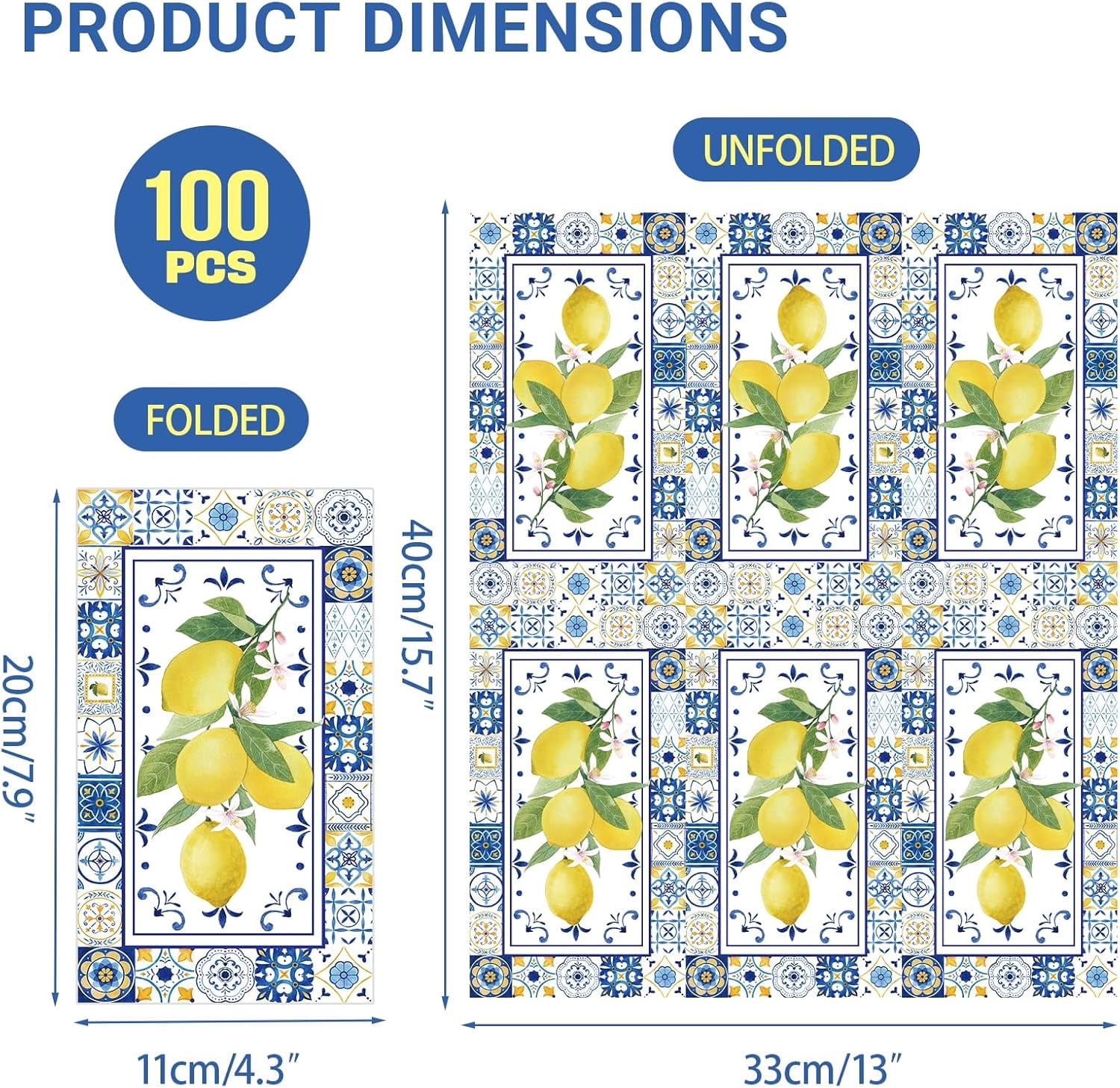 100 PCS Lemons Paper Napkins,Chinoiserie Lemon 3-Ply Decorative Paper Hand Towels Summer Yellow Lemon Napkins Home Party Guest Napkin Wedding Shower Party Decor Napkins