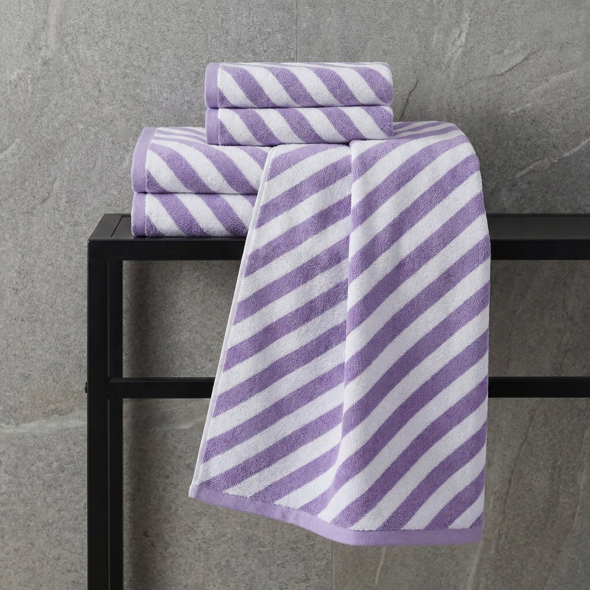Unique Bargains Striped Absorbent Quick Dry Cotton Bath Towe 2 Pack Purple 55"x28"