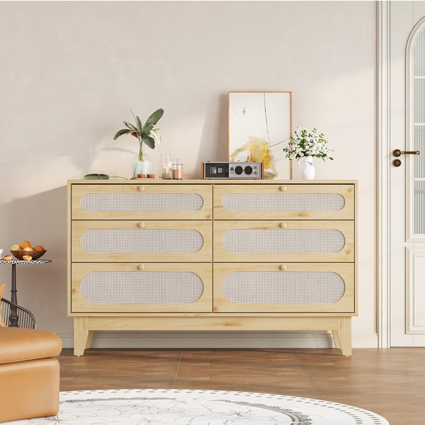 Elegante Cómoda de Ratán Yeshouse con 6 Cajones Nicos, Diseño Bohemio, Patas de Madera y Estructura Segura para Dormitorio.