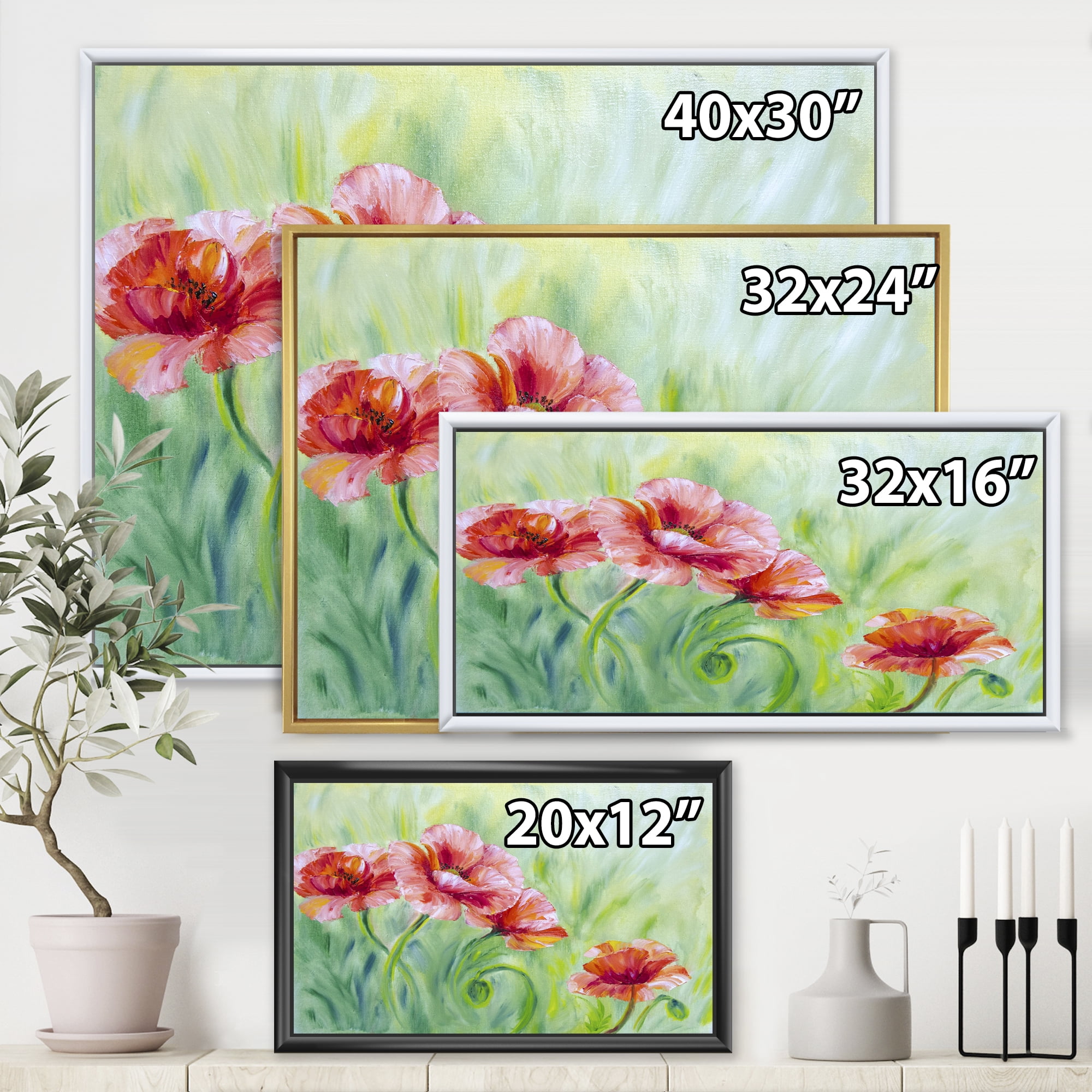 Red Blossoming Poppies Over Wild Green II 20 in x 12 in Framed Painting Canvas Art Print, by Designart