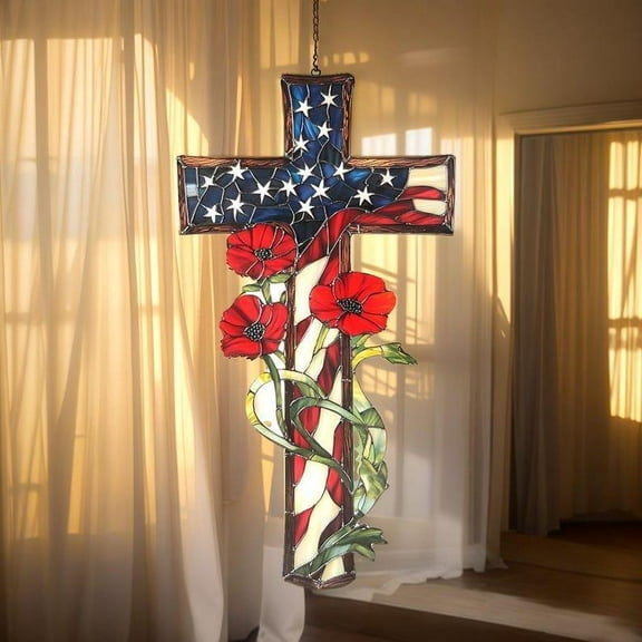 Patriotic American Flag Cross Suncatcher Acrylic Window Hanging Memorial Day Christian Decor Freedom Gift for Veterans and Families