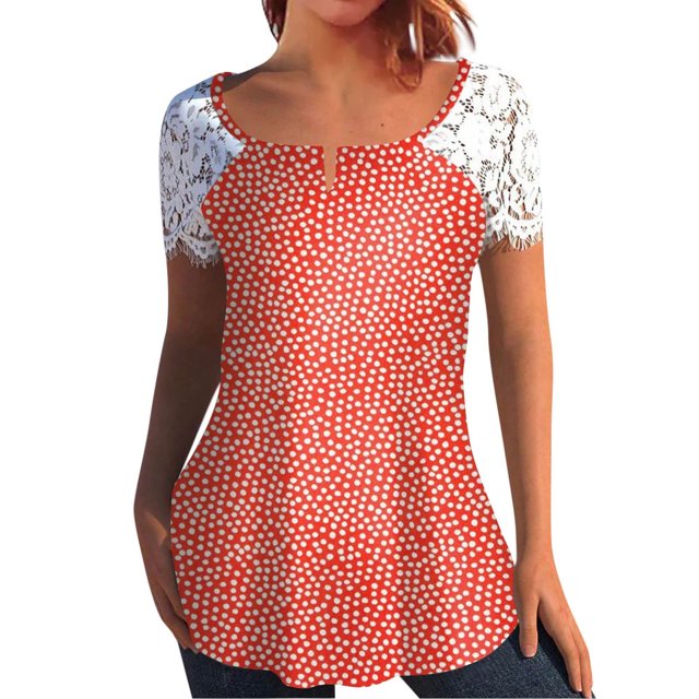 Mujeres Tops Casual verano encaje manga corta Split cuello túnica impresa camisetas camisetas Tops OAVQHLG3B Store lin121212