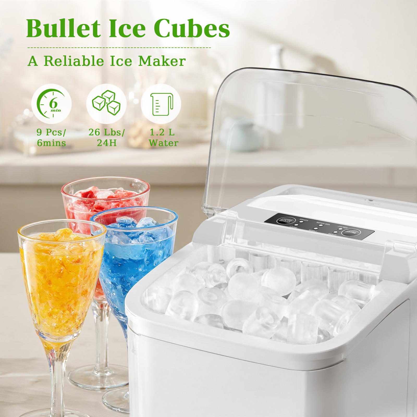 Haysky Countertop Ice Maker, 26lbs in 24Hrs, 9 Cubes Ready in 6 Mins, Self-Cleaning, Portable Compact Ice Maker Machine with Basket and Scoop for Home, Kitchen, Camping, RV, Party, White