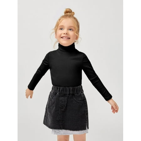 

Long Sleeve BASICS Toddler Girls Rolled Neck Solid Tees T Shirt S221904X Black 6Y(46IN)
