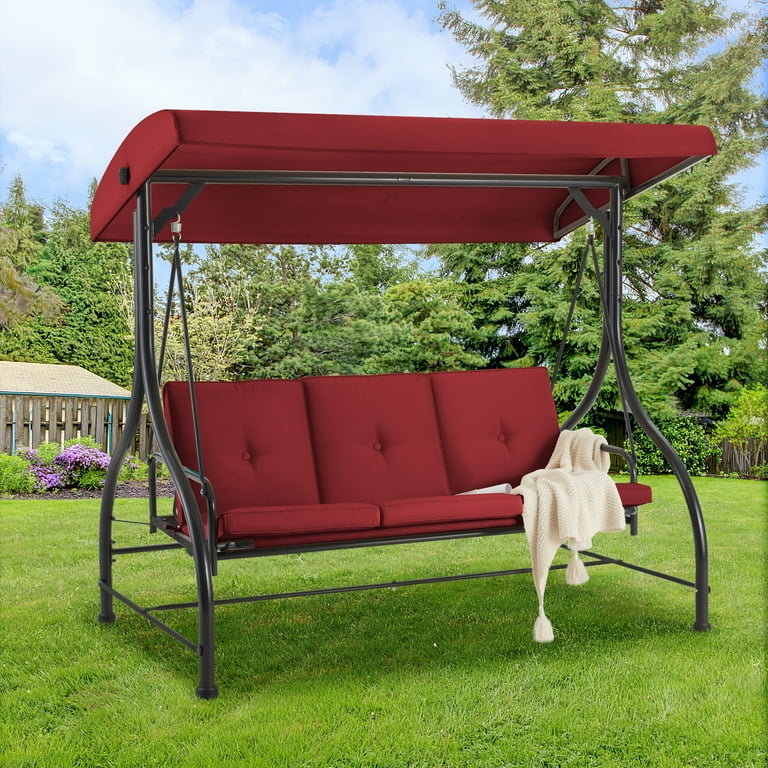 AECOJOY 3 Person Canopy Steel Porch Swing Converting Swing Glider Hammock Red