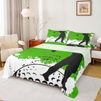 Manfei Cartoon Golf Print Twin Sheet Sets, White Green Watercolor Twin Fitted Sheet, Teens Kids Boys Girls Flat Sheet, Breathable Home Decor, 3 Pieces