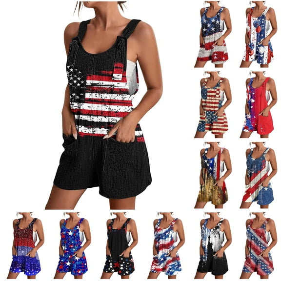 Ofertas en Walmart! QATAINLAV Women's Jumpsuits Casual Linen Summer Sleeveless Rompers American Flag Patriotic Onesie Shorts with Pocket 4th of July Outfits Multicolor M