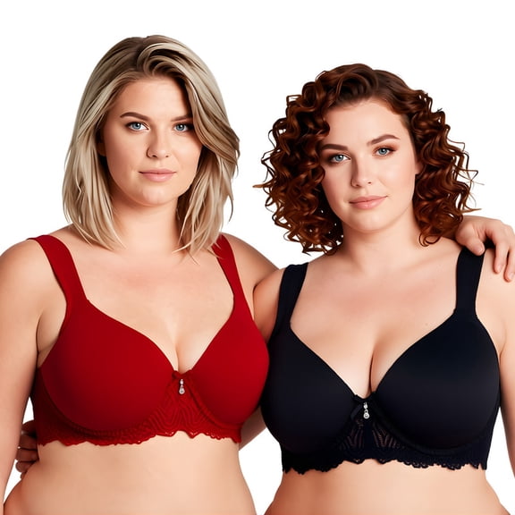 Curve Muse Women's Lightly Padded Underwire Lace Bra with Padded Shoulder Straps-2PK-BLACK,WINE-34B