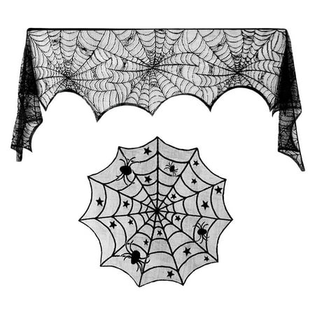 

2pcs in 1 Set Halloween Tablecloth Spider Web Fireplace Cover Fashion Black Table Runner Home Kitchen Party Supplies
