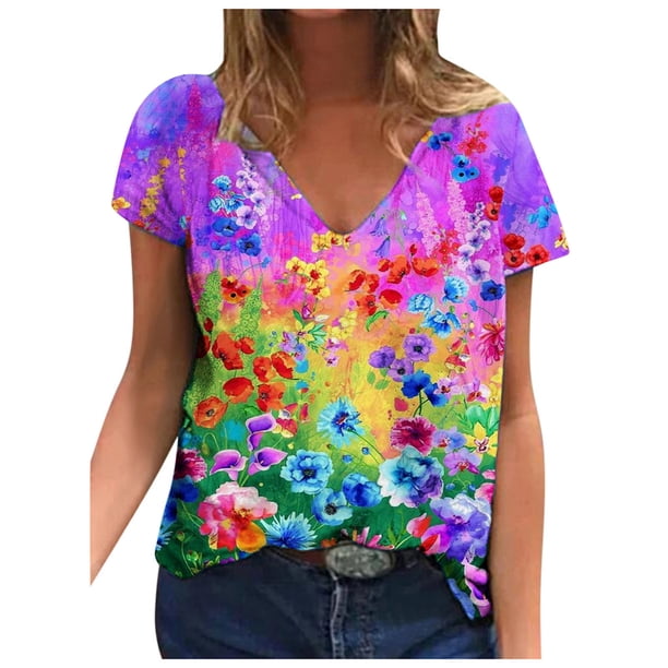Moda Mujer Cuello en V Manga corta Impresión Jersey Blusas sueltas Tops Camiseta OAVQHLG3B Store lin121212