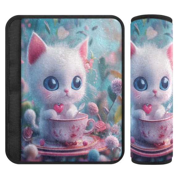 2 Car Seat Belt Covers S Size 6.5*6.5 Inches Car Seat Belt Shoulder Pad Backpack Shoulder Pad Stroller Belt Cover Lovely Cartoon Little White Cat