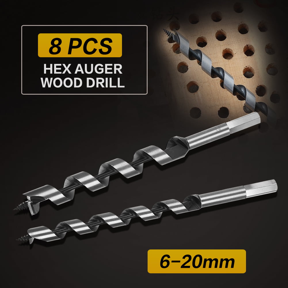 Wooden Case Durable Machined 8pc Carbon Steel Auger Bit Hex Shank Drill Set