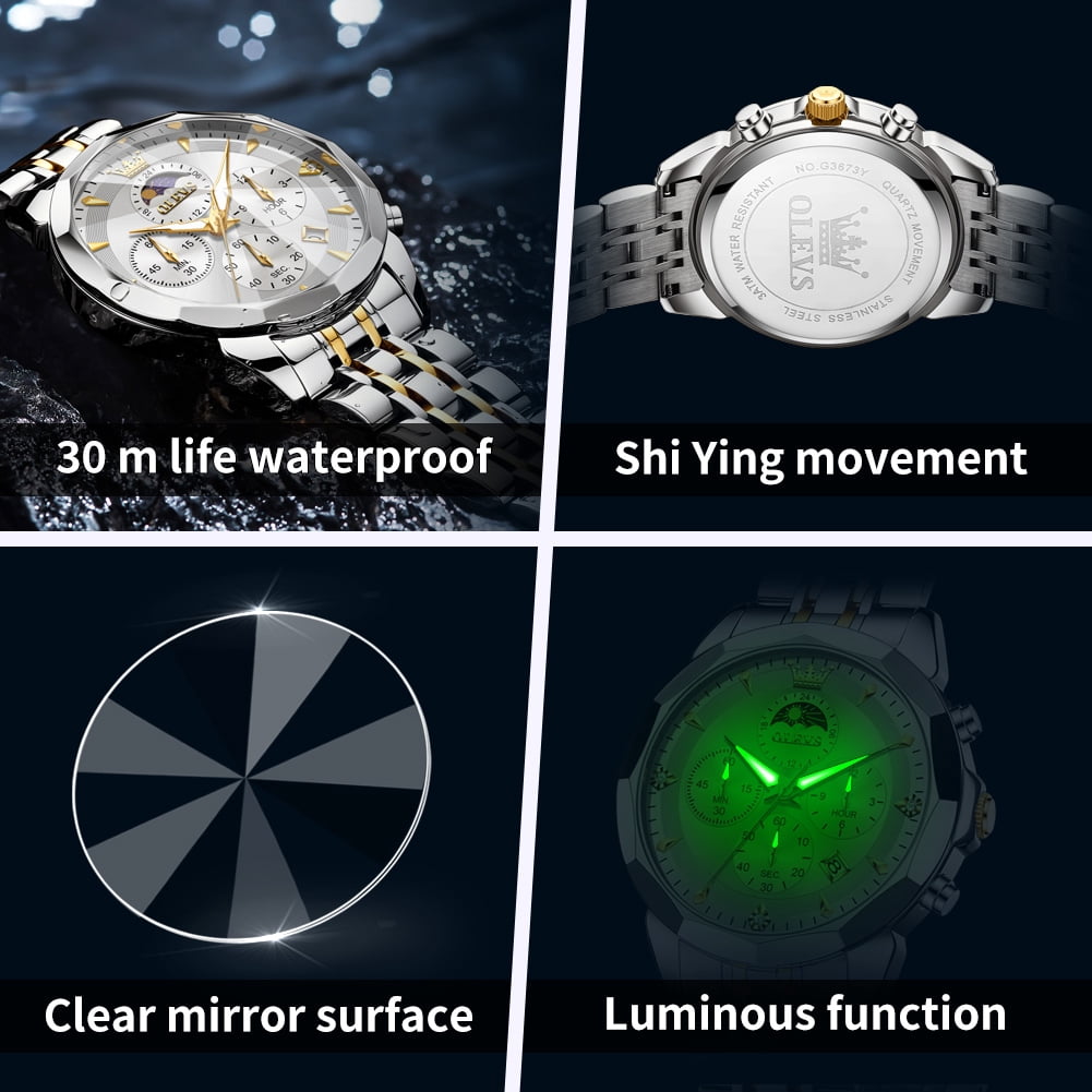 OLEVS Watches For Men Business Dress Luxury Casual Chronograph Multifunction Analog Quartz Stainless Steel Waterproof Luminous Moon Phase Date Men Wrist Watches Reloj Para Hombre White Dial