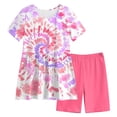 thumbnail image 3 of NIEWTR 5-6 Years Teen Girls'Clothing 2 Piece Sets Summer Short Sleeve Graphic T Shirt And Print Shorts Outfit Set Yoga Gym Outfit Top and Flare Pants Set A7-Hot Pink, 3 of 8