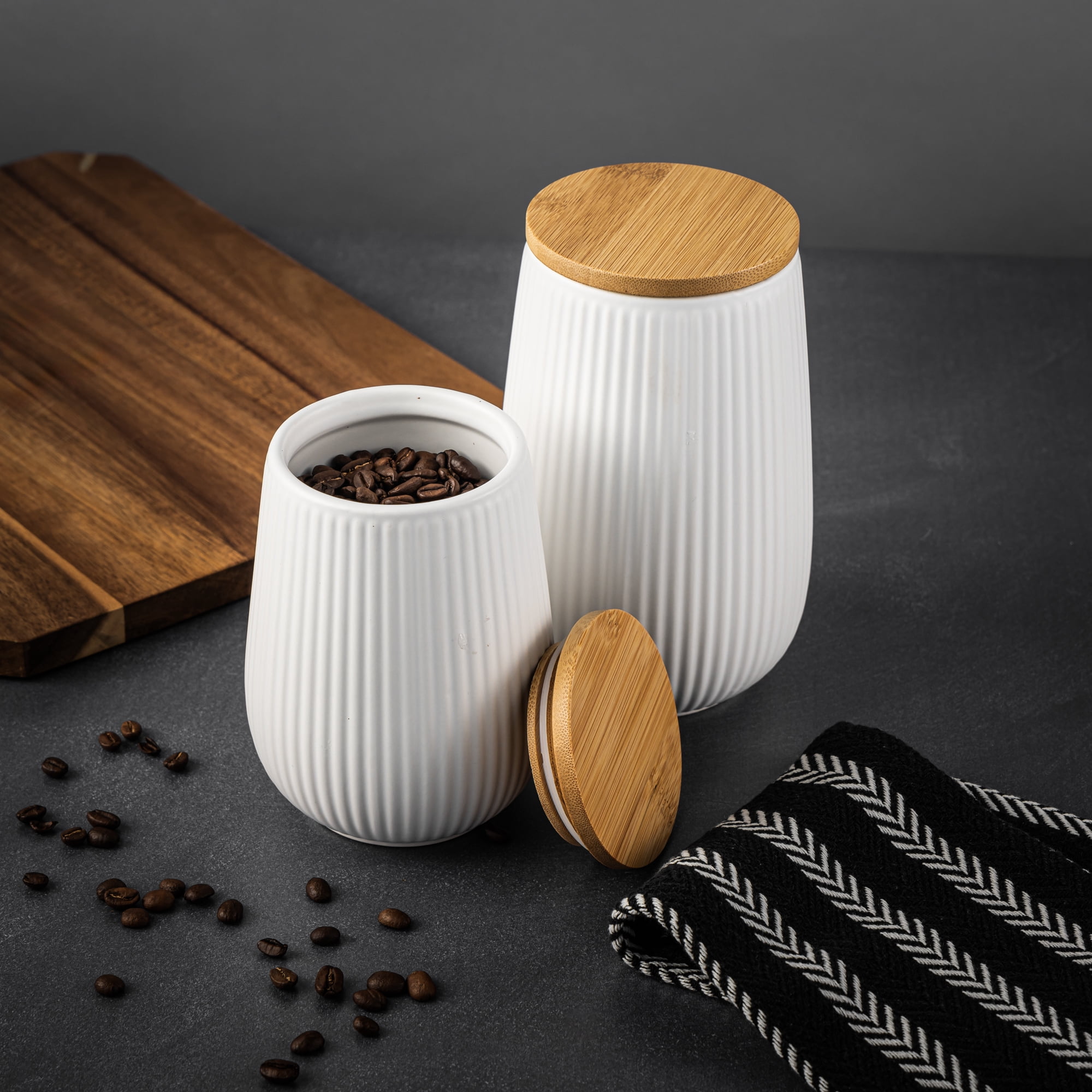 Thyme & Table Small (693 ml) Ceramic Ribbed Kitchen Organization Canister with Bamboo Lid, White