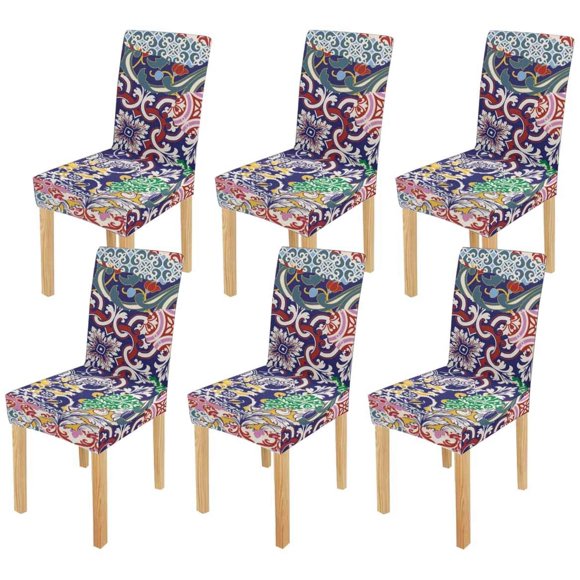 RYLABLUE Azulejos Tiles Patchwork Stretch Chair Cover Protector Seat Slipcover for Dining Room Hotel Wedding Party Set of 6