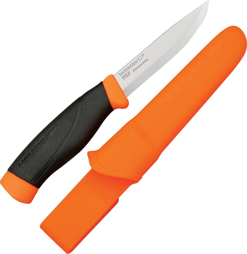 8 5/8" overall. 4" stainless blade. Black rubber handle with neon orange composition trim. Molded neon orange belt sheath with water drain hole. Bulk packed.