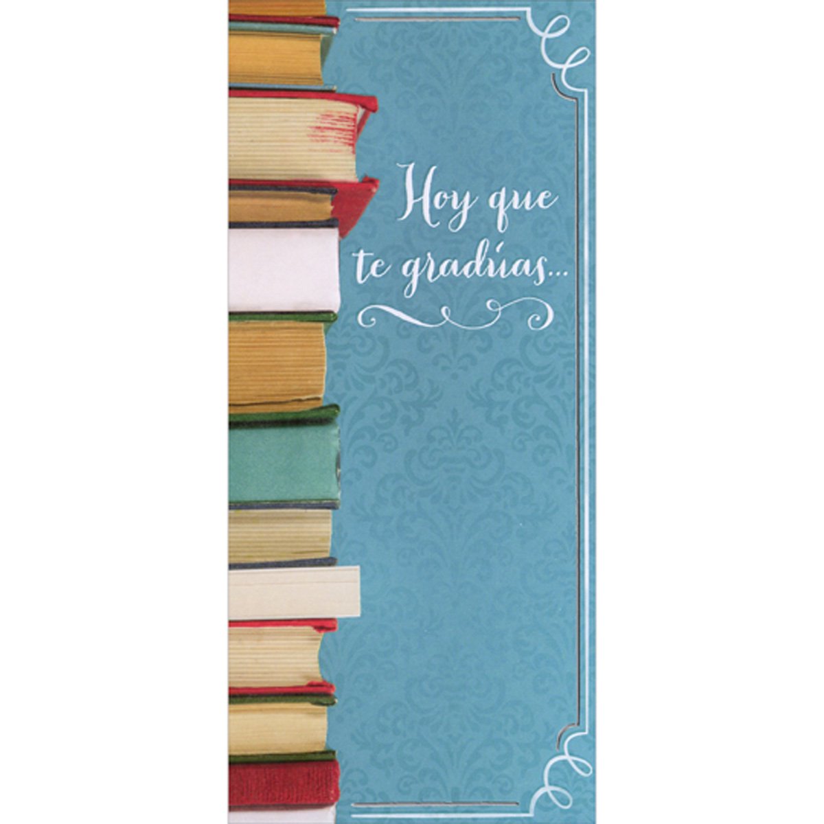 Designer Greetings Hoy Que te Gradúas: Stack of Books on Blue Spanish Money Holder / Gift Card Holder Graduation Congratulations Card