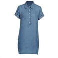 thumbnail image 2 of RYDCOT Women Short Sleeve Solid Denim Dress Turn Down Collar Mini Dress, 2 of 5