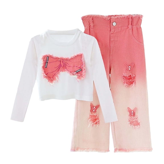 GBSYEWXS Big Girls Outfits Sets Teen 2Pc Long Sleeve Bow Print Sweatshirt Pant Spring Pink Outfit Set Size 11-12 T