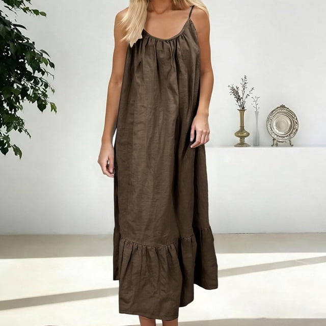 Uootdi Robes de Plage pour Femmes à Bretelles Spaghetti Sans Manches à Volants Unies Robes Maxi Vacances Légères Fluides en Lin Cadeau