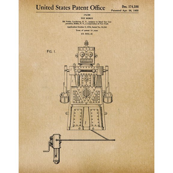 Original Toy Robot Artwork Submitted In 1955 - Toys and Games - Patent Art Print