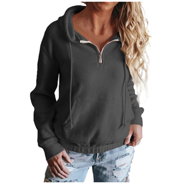 aidice Womens Sweatshirts Hoodie Long Sleeve Drawstring Comfy Shirts Ruched Zip Pullover Tops Pockets