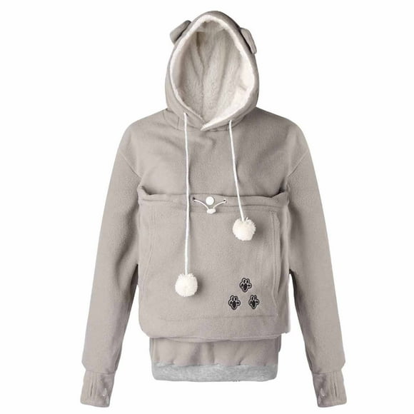 Virmaxy Women's Hooded Sweatshirt Round Ears Cute Cat Paw Printed Top Solid Colour Shaker Velvet Kangaroo Pocket Jacket Gray 2XL