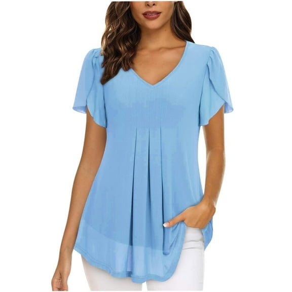 VERUGU Womens Tops Chiffon Short Sleeve Shirts Spring Summer Casual V Neck Blouse Double Layer Ruffle Tunics Tops Light Blue XL