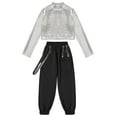 thumbnail image 3 of CHICTRY Kids Girls Hip Hop Dance Skateboarding Outfit Metallic Cropped Tops with Chain Pocket Pants Silver 16, 3 of 5