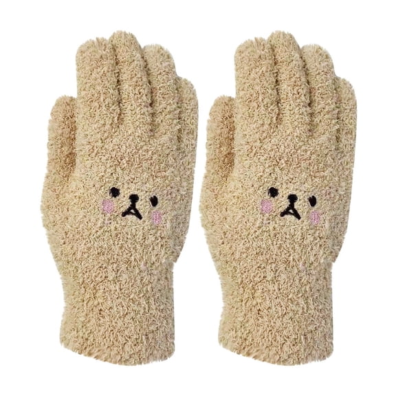 Xfvqtps Womens Coral Fleece Gloves Cute Smiling Face Embroidery Solid Color Thickened Windproof Warm Winter Plush Mittens Khaki