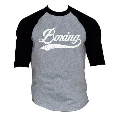 Men's Script Boxing Gray/Black Raglan Baseball T-Shirt Small