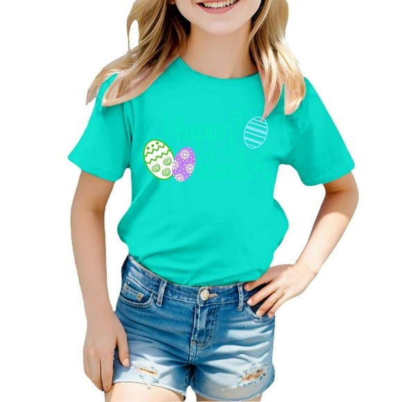 PMVFHDE Trendy Tops Girls Short Sleeve T Shirts Girl's Novelty T-Shirts T-Shirts Graphic Tops for Girl 2025 Easter Theme Printed T Shirt Comfortable Top For Boys And Girls Mint Green,3-4 Years
