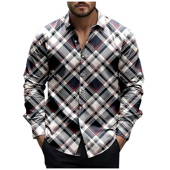RongHuan Men's Flannel Plaid Shirts Lightweight Stylish Printed Toips Fashion Button Down T-Shirt Casual Long Sleeve Lapel Shirt