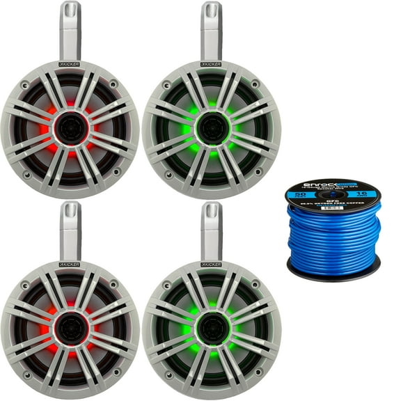 2 Pairs (4 Speakers) of Kicker 6.5" OEM Replacement 195W Coaxial 2-Way MultiColor LED Speakers (White Grilles) with Weather-Proof White Tower Enclosures, 16-Gauge Speaker Wire
