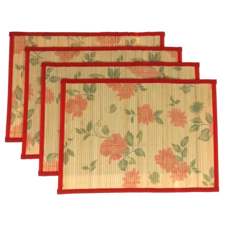 Bamboo Placemats Red Flowers Set 4 Non Slip Backing Dinning Table Summer Party Bamboo Placemats Red Flowers Set 4 Non Slip Backing Dinning Table Summer Party