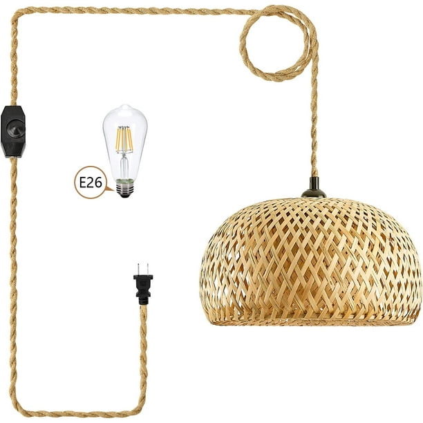 Yarra Decor Rattan Pendant Light with Dimmable Switch, 15ft Hemp Cord