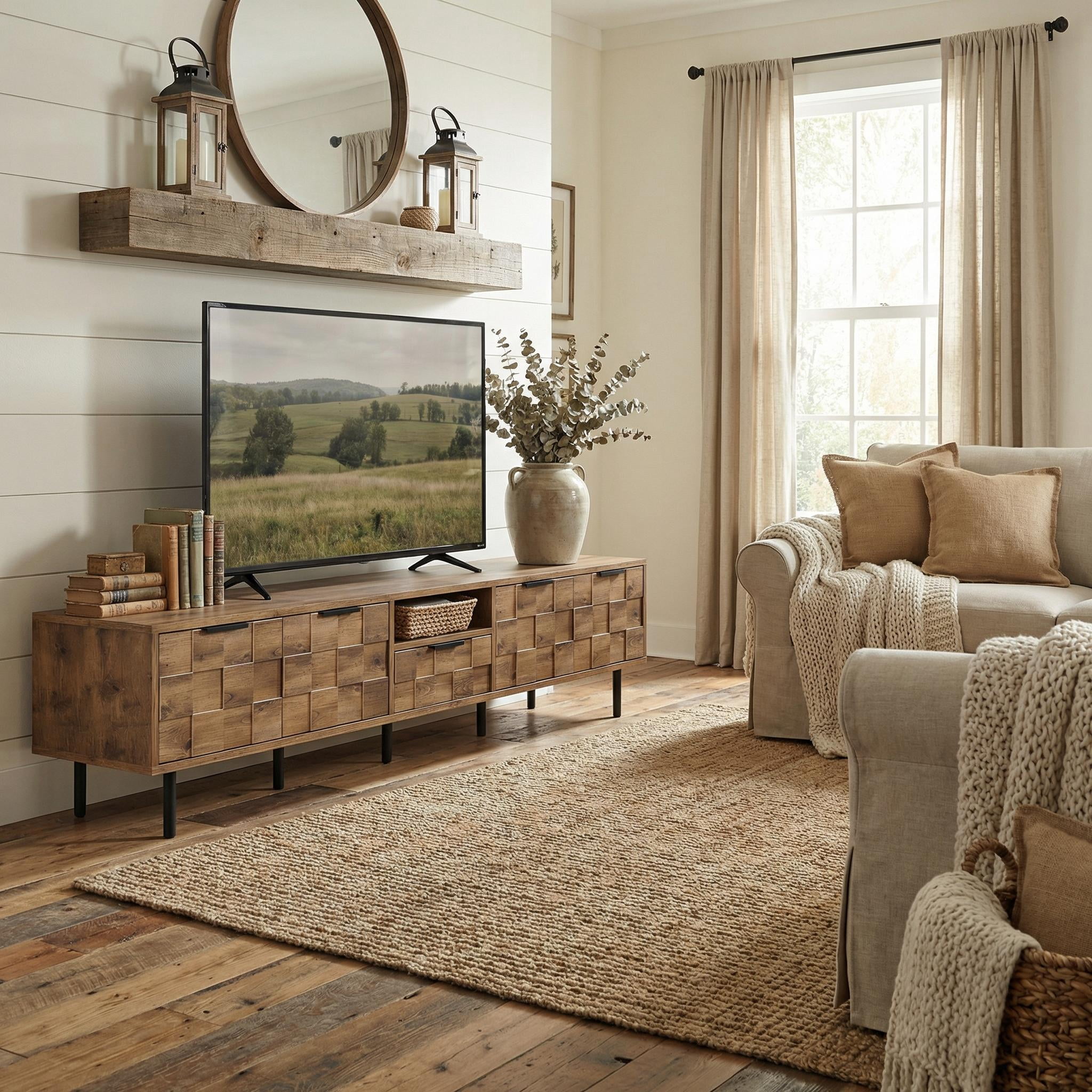 Homy Casa 78" TV Stand for 75 Inch TV with Storage Cabinets and Shelves, Rustic Wood Media Console