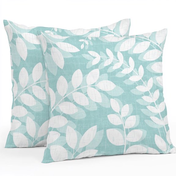 Throw Pillow Covers 24x24 Inch Set of 2, Pale Teal Leaves Waterproof Outdoor Pillow Covers, Farmhouse Botanical Branch Vintage Boho Leaf Decorative Cushion Pillowcases for Patio Garden Couch Bed