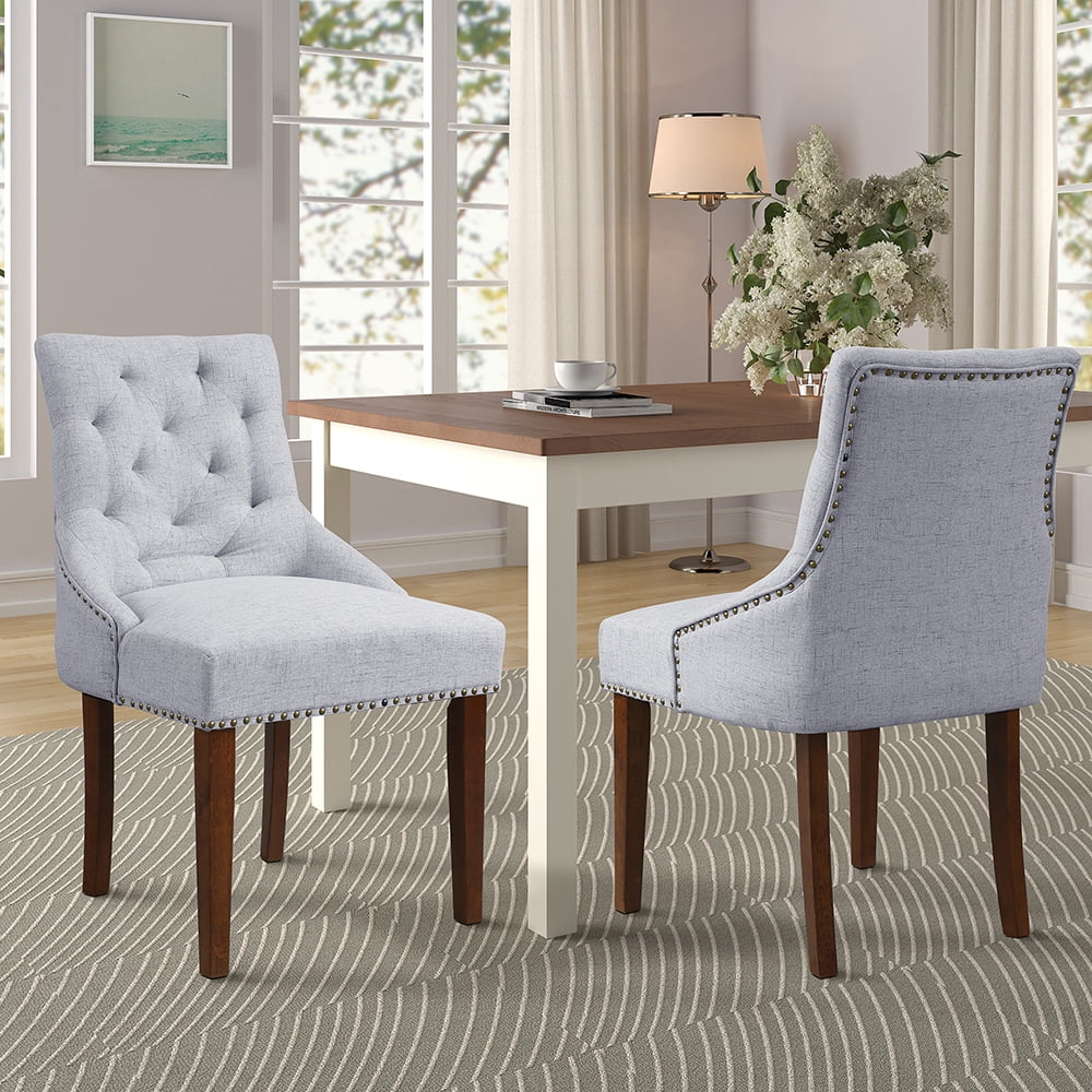 Kepooman Medieval Leisure Padded Dining Chairs Set of 4, Tufted High Back Accent Home Chairs with Nailed Trim Solid Wood Legs for Dining Room/Living Room/Kitchen, Grey Kepooman Medieval Leisure Padded Dining Chairs Set of 4, Tufted High Back Accent Home Chairs with Nailed Trim Solid Wood Legs for Dining Room/Living Room/Kitchen, Grey