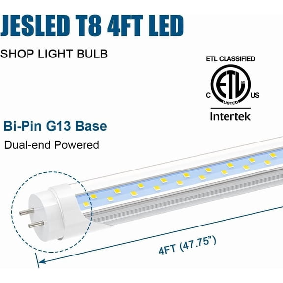 JINYUN-T8 LED 4FT Type A B Light Bulbs, 24W(65W Equivalent), 3000LM, 6000K Super Bright, Plug and Play or Ballast Bypass, 4 Foot LED Fluorescent Tube Replacement, ETL Listed, Dual-Ended, Clear(2-Pack