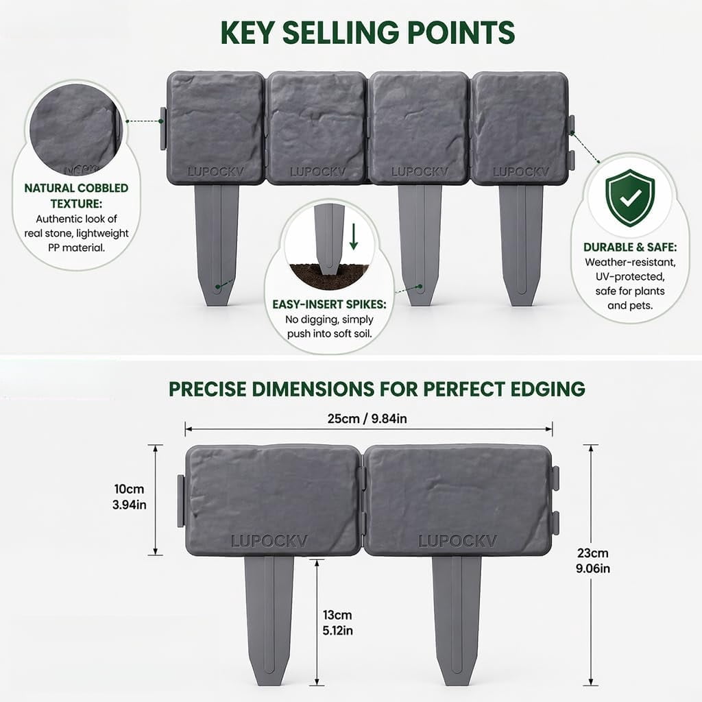 Stone Look Garden Edging Border Fence, Interlocking Plastic Landscape Edging with Built-In Stakes for Flower Beds, Lawn, Pathway & Yard Decor, Weather Resistant Outdoor Border Panels, Black,20pcs