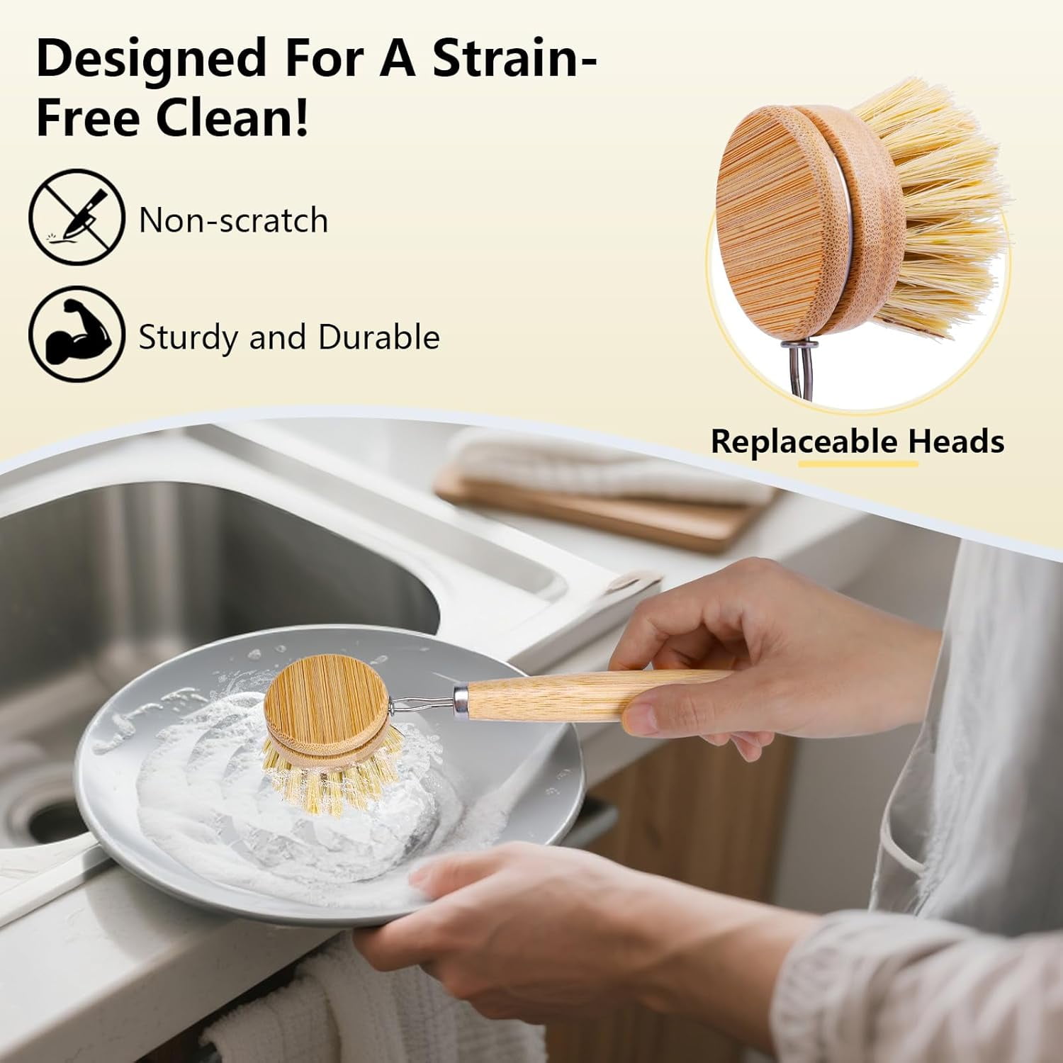 5 Pack Bamboo Dish Brush Set, Wooden Dish Brush with 14’’ Bottle Brush, Natural Kitchen Scrub Brush for Dishes Pots, Pans, Sinks, Woks, Vegetables
