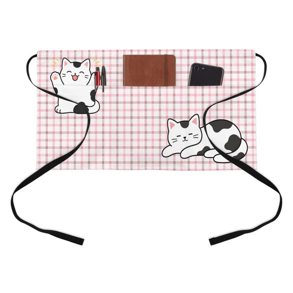 Cute Kitten Kitchen Restaurant Half Waist Apron, Black White Cat Pink Grid Plaid Gingham Modern Server Short Apron with 3 Pockets Waterproof Oil Waist Aprons for Women Waitress Waiter