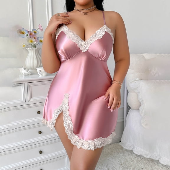 Blmnix Plus Size Nightgown Women Nightgown Satin Nightgowns Chemises Sleep Dress Pink Short Sleeveless V-Neck Moomoo Nightgown