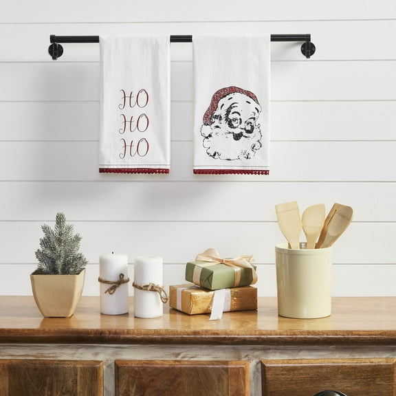 VHC Brands Chenille Christmas Ho Text Muslin Cotton Farmhouse Decor Fabric Loop Embroidered Pom Lace Kitchen Towel Set of 2, Soft White