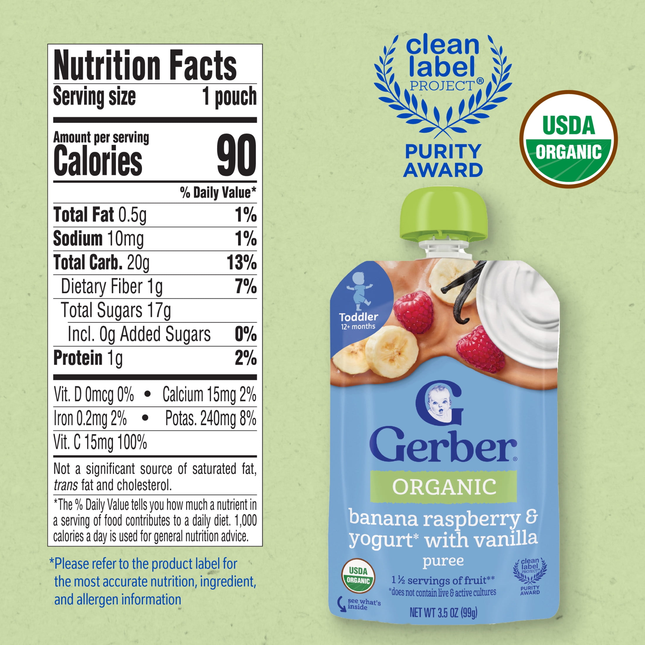 (12 pack) Gerber Organic for Toddler, Yogurt Toddler Food, Banana Raspberry Vanilla, 3.5 oz Pouch