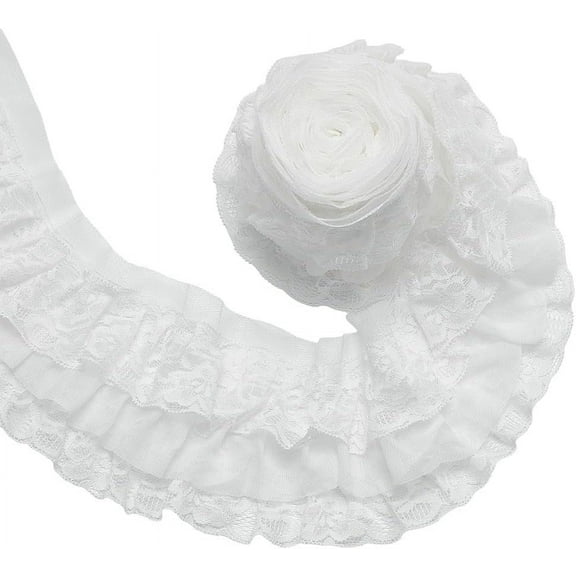 4.37 Yards 3 Layer Pleated Organza Lace Edge Trim 4 Inch Wide Gathered Ruffle Chiffon Ribbon White Pleated Edging Trimmings Fabric for Cloth Sewing Embroidered Applique WeddingWhite
